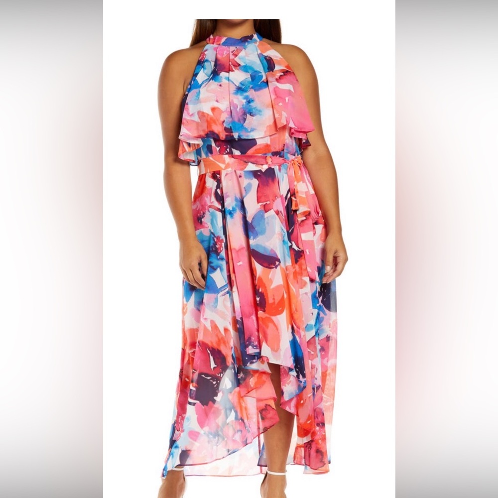 Eliza J Strapless Floral Dress in Pink and Blue